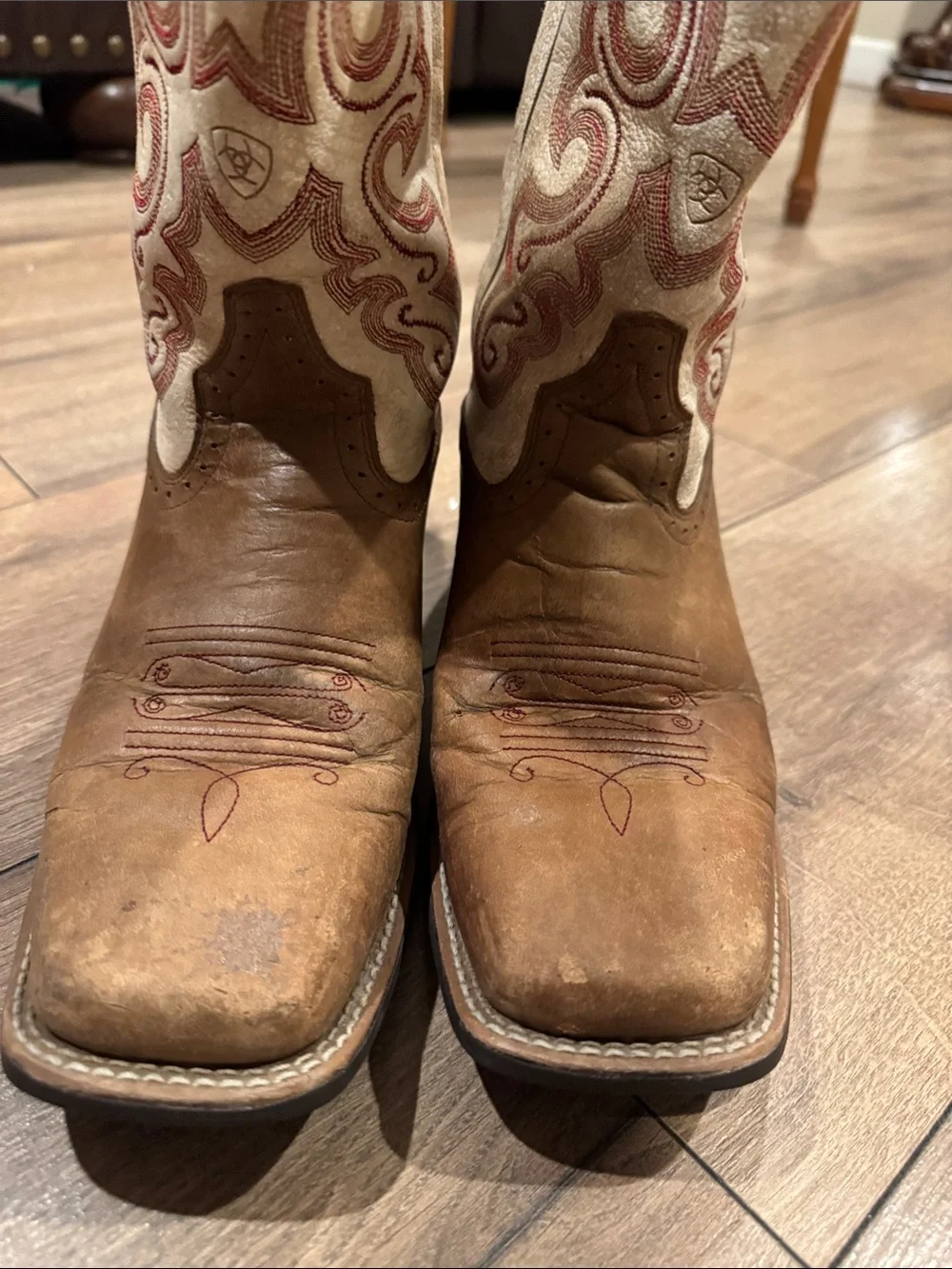 Ariat Women’s Brown Leather Cowboy Boots with White & Red Embroidered Shaft